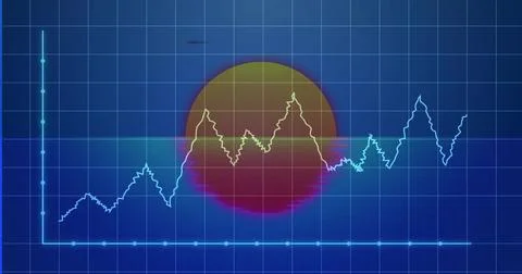 Running neon fluctuating line graph on dashboard with dark blue grid, circular Stock Photos