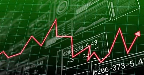 Running neon-red jagged graph cutting across trading UI, showing green 3D gri Stock Illustration