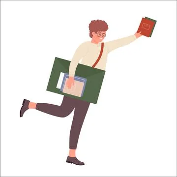 Running nerd boy with school materials Stock Illustration