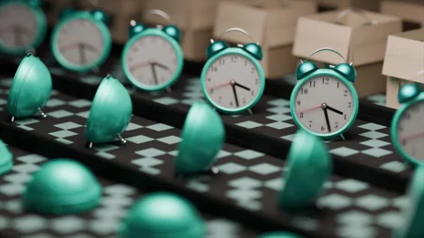 Running out of time, cyan analog alarm clocks counting time endlessly Stock Footage 305167281