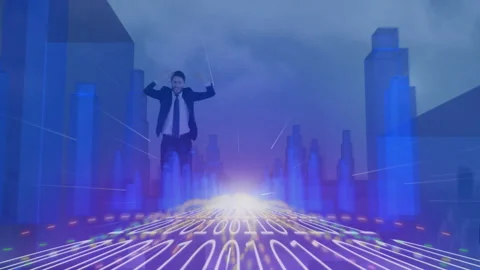 Running over digital binary code pathway, businessman in futuristic cityscape Stock Footage 305033142