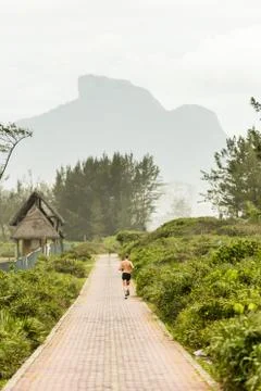 Running path between bushes with beautiful view Stock Photos