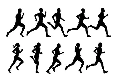 Running people, vector runners, group of isolated silhouettes, side view 스톡 일러스트