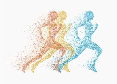 Running people. Vector silhoettes made from dots and particles. Stock Illustration