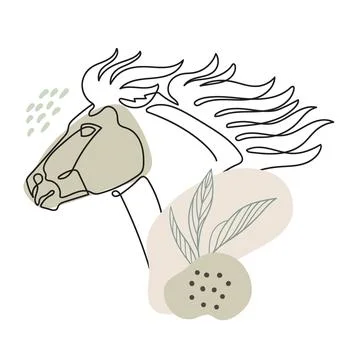 Running pony single line drawing with botanical elements vector Stock Illustration