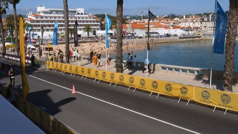 Running portion of the Ironman 70.30 Competition in Cascais, Portugal Stock Footage 116812397