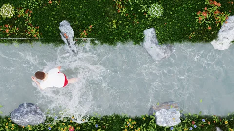 Running in a river top view. 3d animation of a man running in a river Stock Footage 327210810