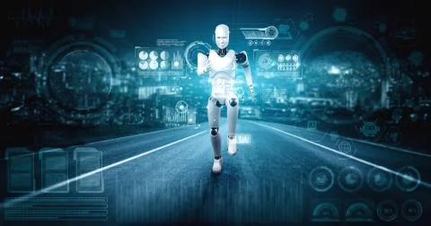 Running robot humanoid showing fast movement and vital energy Stock Illustration