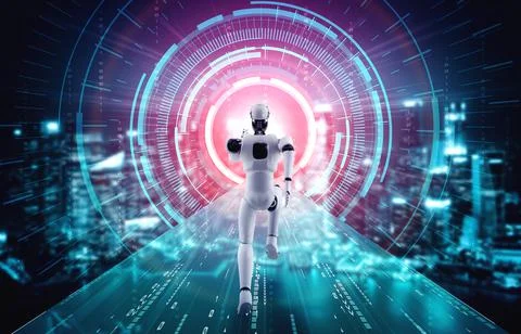 Running robot humanoid showing fast movement and vital energy Stock Illustration