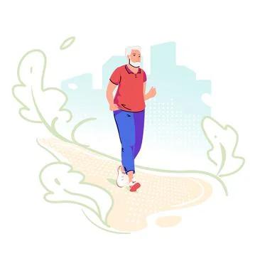 Running senior elderly man on green city background. Sport, fitness for Stock Illustration
