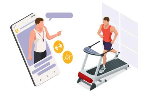 Running simulator. Isometric training online, man in sportswear running on a 스톡 일러스트