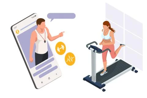 Running simulator. Isometric training online, woman in sportswear running on a Illustrazione stock