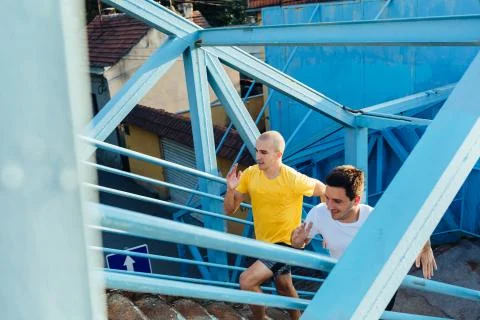 Running up the staircase Foto stock