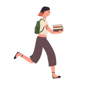 Running student girl with stack of books Stock Illustration