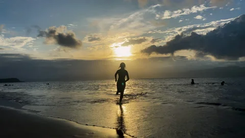 Running into the sunset on the beach Stock Footage 228869541