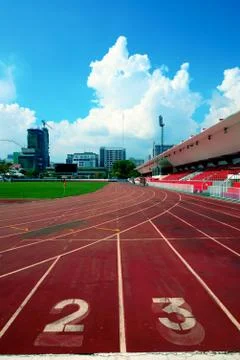 Running track in small stadium Stock Photos