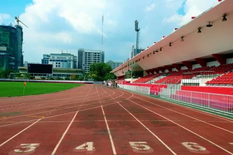 Running track in small stadium Stock Photos