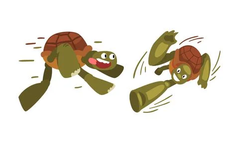 Running turtles set. Funny fast tortoise cartoon vector illustration Stock Illustration
