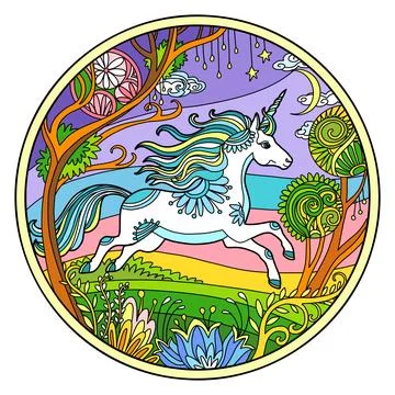Running unicorn round color vector isolated illustration イラスト素材