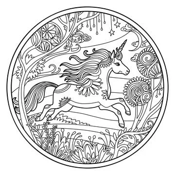 Running unicorn round coloring vector isolated illustration イラスト素材