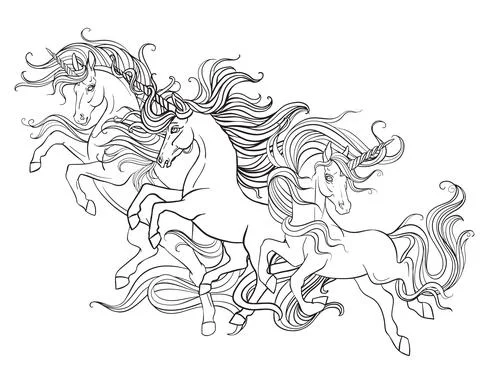 Running unicorns vector illustration coloring book page Stock Illustration