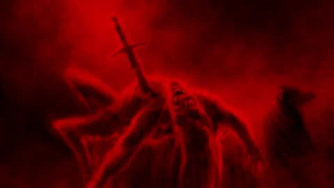 Running warrior with sword attacks demon. Horror fantasy 2D animation. Stock Footage 238779662