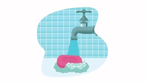 Running water washes pink soap creating foam and bubbles on tiled background. Stock Footage 333306723