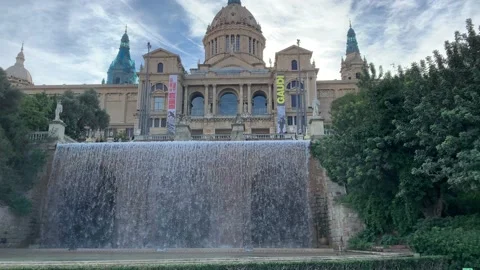 Running waterfall fountain on Montjuic hill. Montjuic Palace, Barcelona Stock Footage