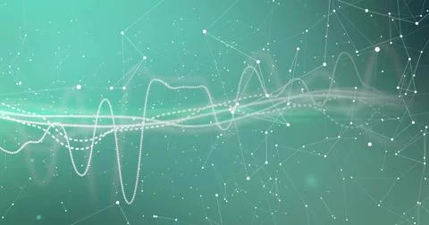 Running white dotted and solid waveform lines connecting mesh nodes on turquoise 스톡 일러스트