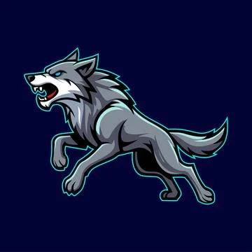 Running Wolf Character Emblem Badge e-Sport Logo Vector Template Stock Illustration
