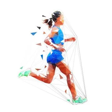 Running woman, isolated low poly vector illustration. Marathon run Stock Illustration