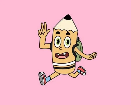 Running Yellow Pencil Character with Backpack Back to School Illustration Stock Illustration