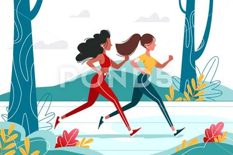 Running young girls in the forest with headphones. Stock Illustration