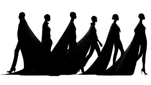 Runway Model with Dramatic Cape Silhouette Set Stock Illustration