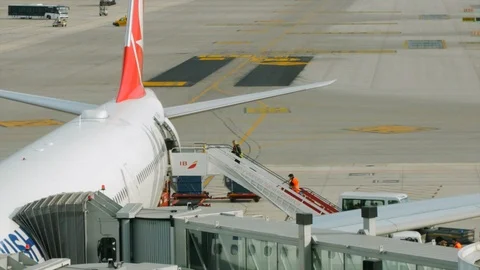 Runway. Workers Preparing the Plane Stock Footage 87635429