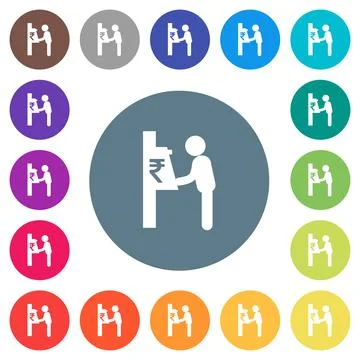 Rupee cash machine flat white icons on round color backgrounds Stock Illustration