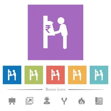 Rupee cash machine flat white icons in square backgrounds Stock Illustration