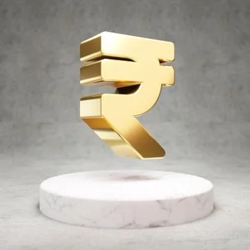 Rupee icon. Shiny golden Rupee symbol on white marble podium. Stock Illustration
