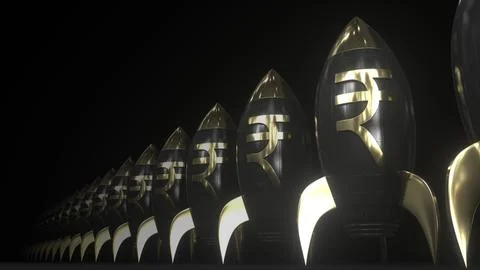 Rupee money symbol on black and gold rockets, financial 3d rendering. Investment Stock-Illustration