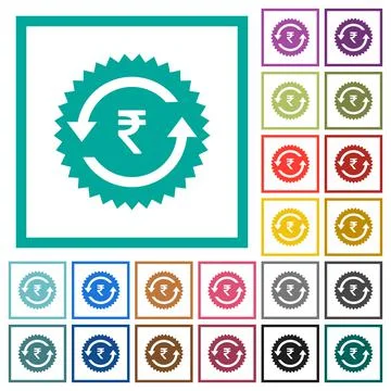 Rupee pay back guarantee sticker flat color icons with quadrant frames Stock Illustration