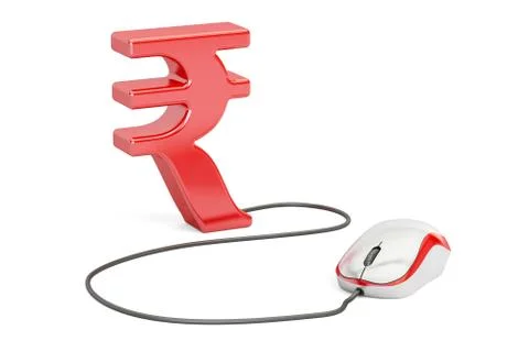Rupee symbol with computer mouse. Make money online concept, 3D illustration Illustrazione stock