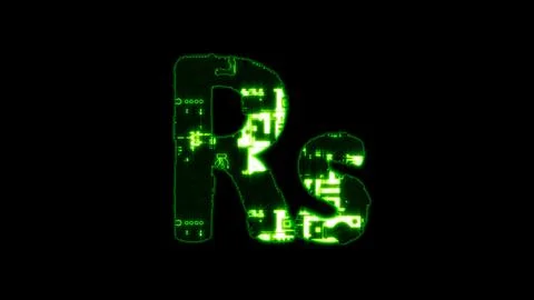 Rupee symbol, lighting high tech digital cyberpunk green alphabet on black Stock Illustration