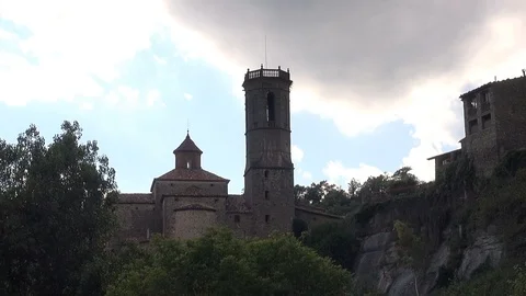 Rupit village town mountain stone typical tower torre iglesia church Stock Footage 111704044