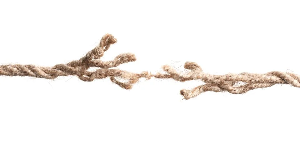 Rupture of cotton rope on white background Stock Photos