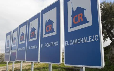 Rural accomodation sign posts placed at village entrance Stock Photos