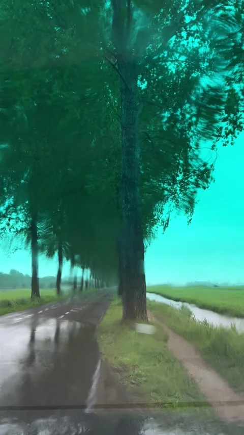 Rural Amsterdam, Wet tree-lined country road with lateral motion blur and lone Stock-Footage 342749664