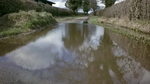Rural b class road blocked by flooded water. Green hedges, Stock Footage 89319237