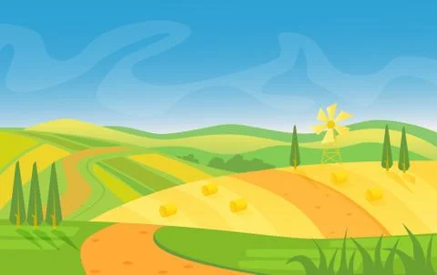 Rural beautiful landscape. Fields and hills at dawn vector illustration. イラスト素材