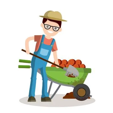 Rural boy digging potatoes with a spade. rustic Cart with vegetables. Stock Illustration