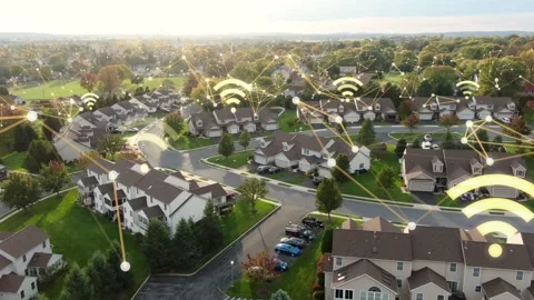 Rural broadband expansion, internet of things. Aerial of residential wifi Stock Footage